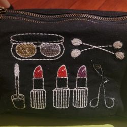 Sewloma Black Fabric Embroidered Makeup Bag "Lipstick, Powder and Paint"

