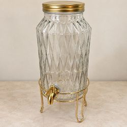 1.5 Gallon Glass Beverage Dispenser w/ Gold Stand, Lid & Spigot