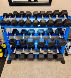 REP Fitness Dumbbell Rack (Blue) + CAP Rubber Hex Dumbbells 5–50lb and 12lb