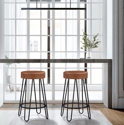 Round Bar Stools Set of 2 Modern Faux Leather Bar Stools with Cushion Backless with Hairpin Legs Barstools for Bar/Dining/Kitchen, Retro Brown(1 Packa