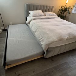 Queen Upholstered Bed Frame + 2 Mattresses + Twin XL Trundle – Great Deal!