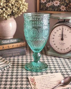 Pioneer Woman Teal Blue Green Glass Embossed Aqua Goblet With Footed Base