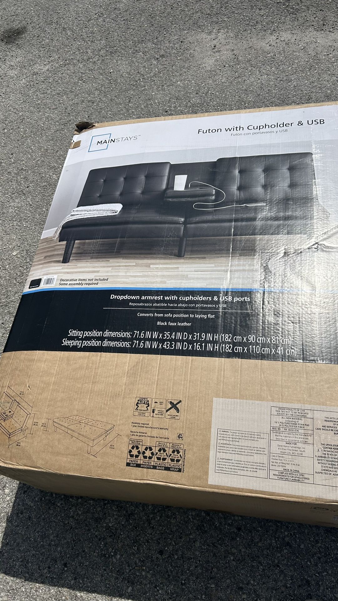 Mainstays Futon with Cupholder & USB New