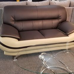 Brand New Brown/Gray Bonded Leather Modern Loveseat