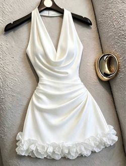 White Draped Neck Backless Sleeveless Short Dress with ruffle - size L