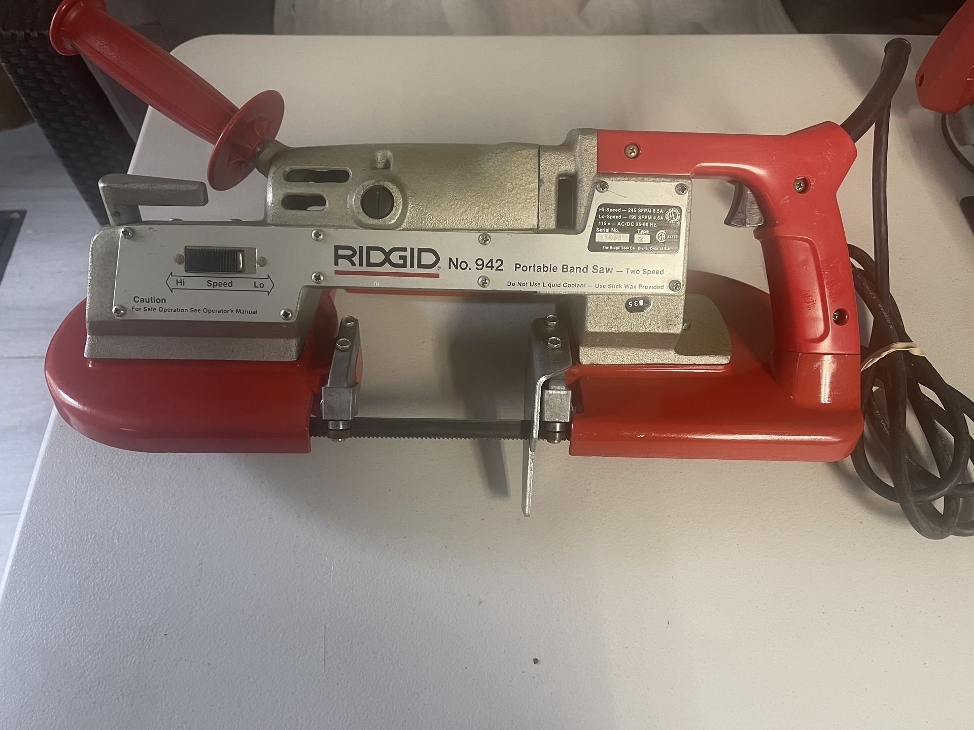 Ridgid No. 942 portable electric bandsaw, two-speed.