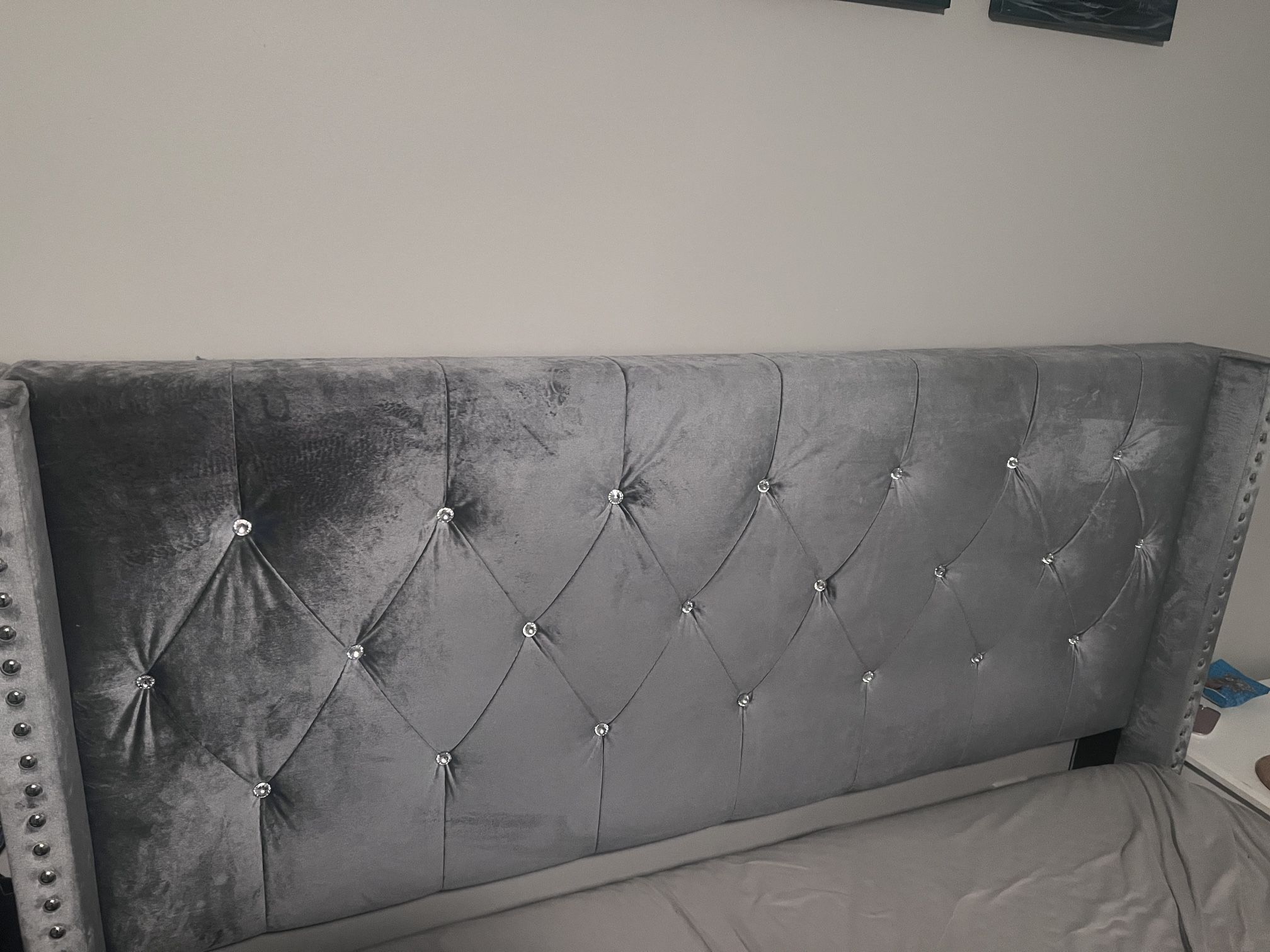 Silver Upholstered Low Profile Queen Bed Frame OBO