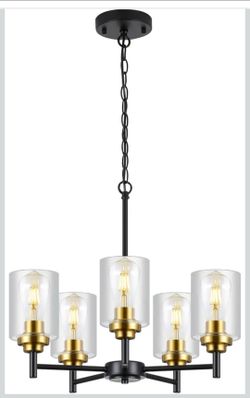 5 Lights Glass Chandelier,Modern Kitchen Island Lighting Black and Gold Metal Dining Room Light Fixture for Living Room Foyer,E26