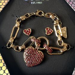 Guess bracelet and earrings set/gold/red/nib