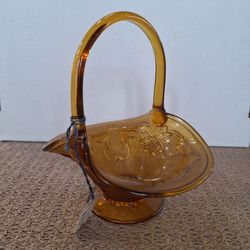 Amber Glass Basket with Floral Relief
