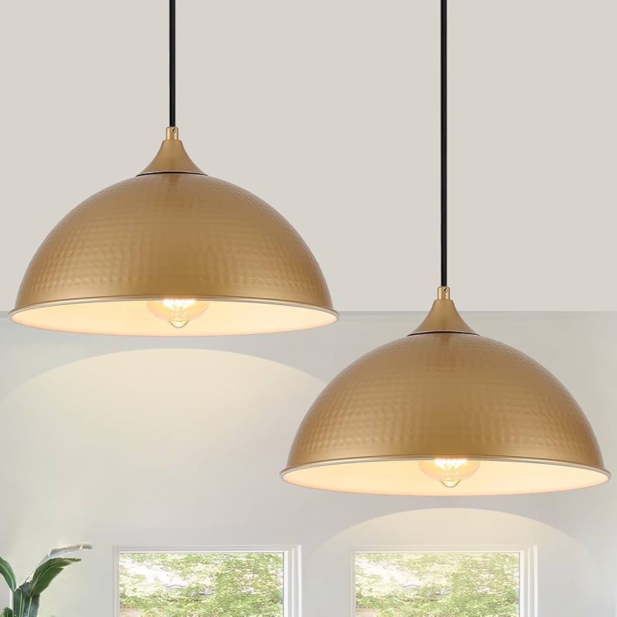 2 PACK 12" Dome Pendant Light Fixtures with Gold and White Finish Adjustable Hanging Kitchen