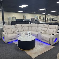 White Leather Reclining Sectional Sofa with LED Lighting 🚚WE DELIVER🚚
