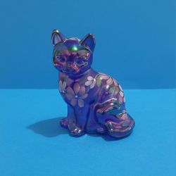 Fenton Handpainted Cat Dark Iridescent Blue Signed Paperweight Figurine Metallic.