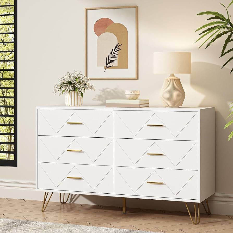 6 Drawer White Dresser for Bedroom, Modern Chest of Drawers with Deep  Drawers,Wood Dresser with Gold Metal Handles for Bedroom, Living Room,  Hallway