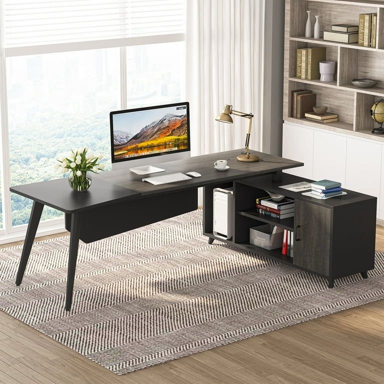 Modern L-Shaped Executive Desk + File Cabinet - Like NEW