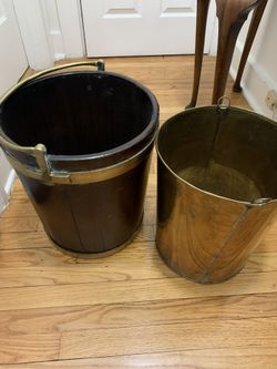 Antique Georgian Mahogany Brass-bound Irish Peat Bucket And Brass Bucket Liner