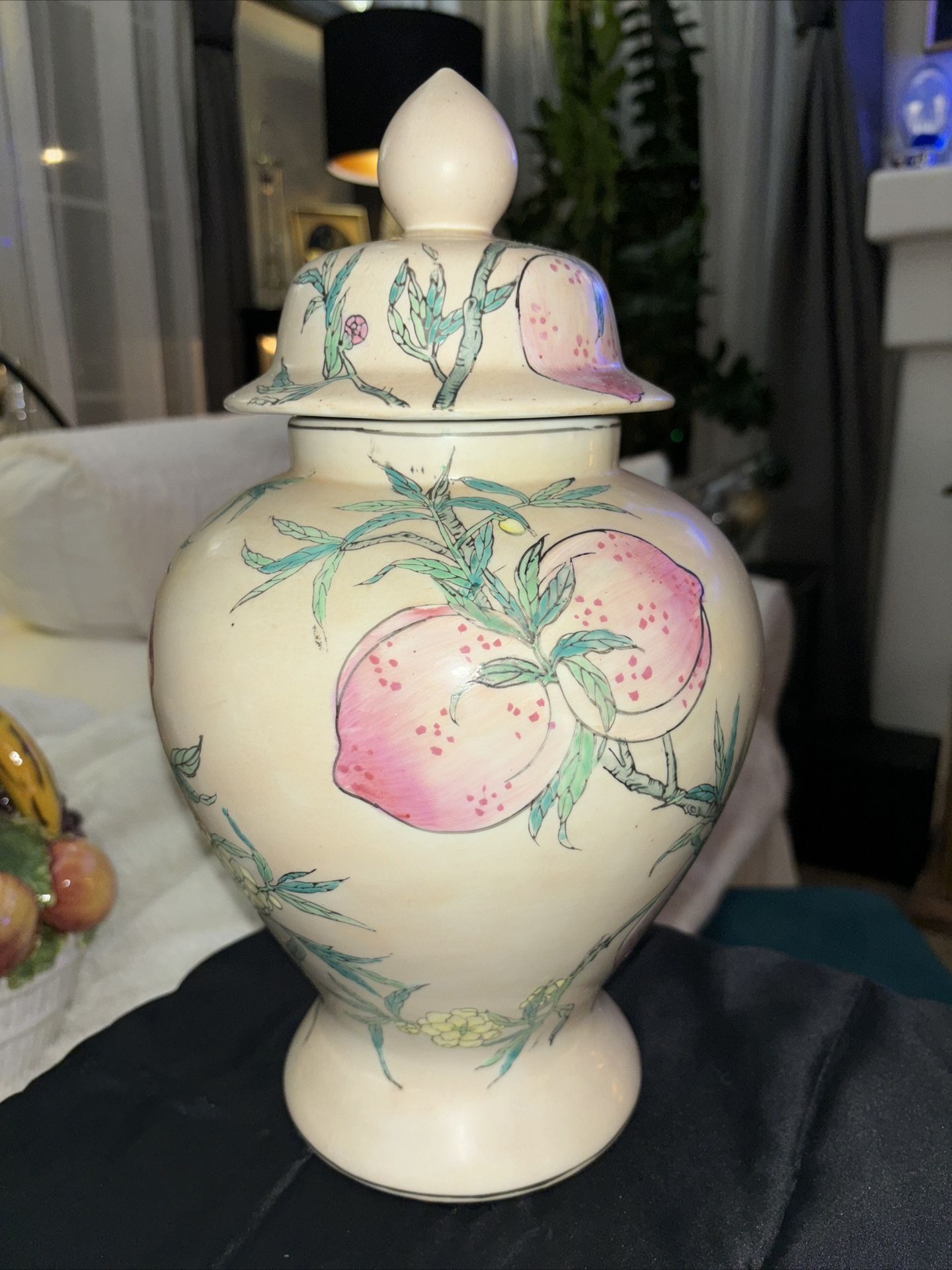 14.5”Vintage Chinese Porcelain Nine Peach Tree Motif Enamel Ginger Jar w/ Lid