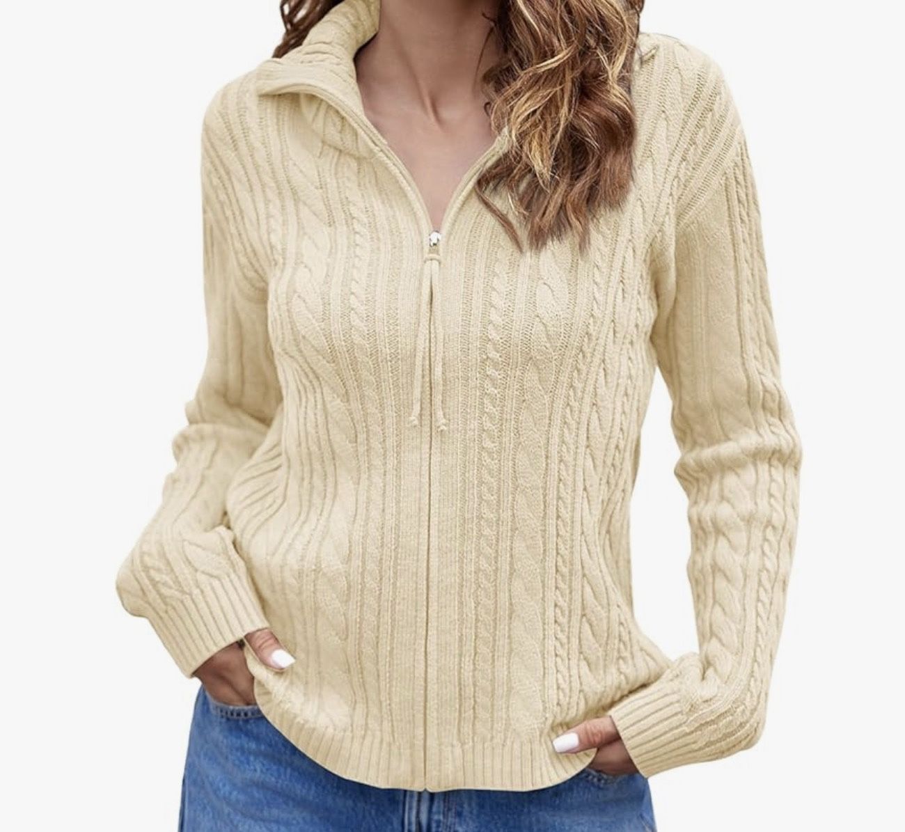 Saodimallsu Womens Cable Knit Cardigan Zip Up Collared Long Sleeve Vintage Sweater Loose Open Front Coats