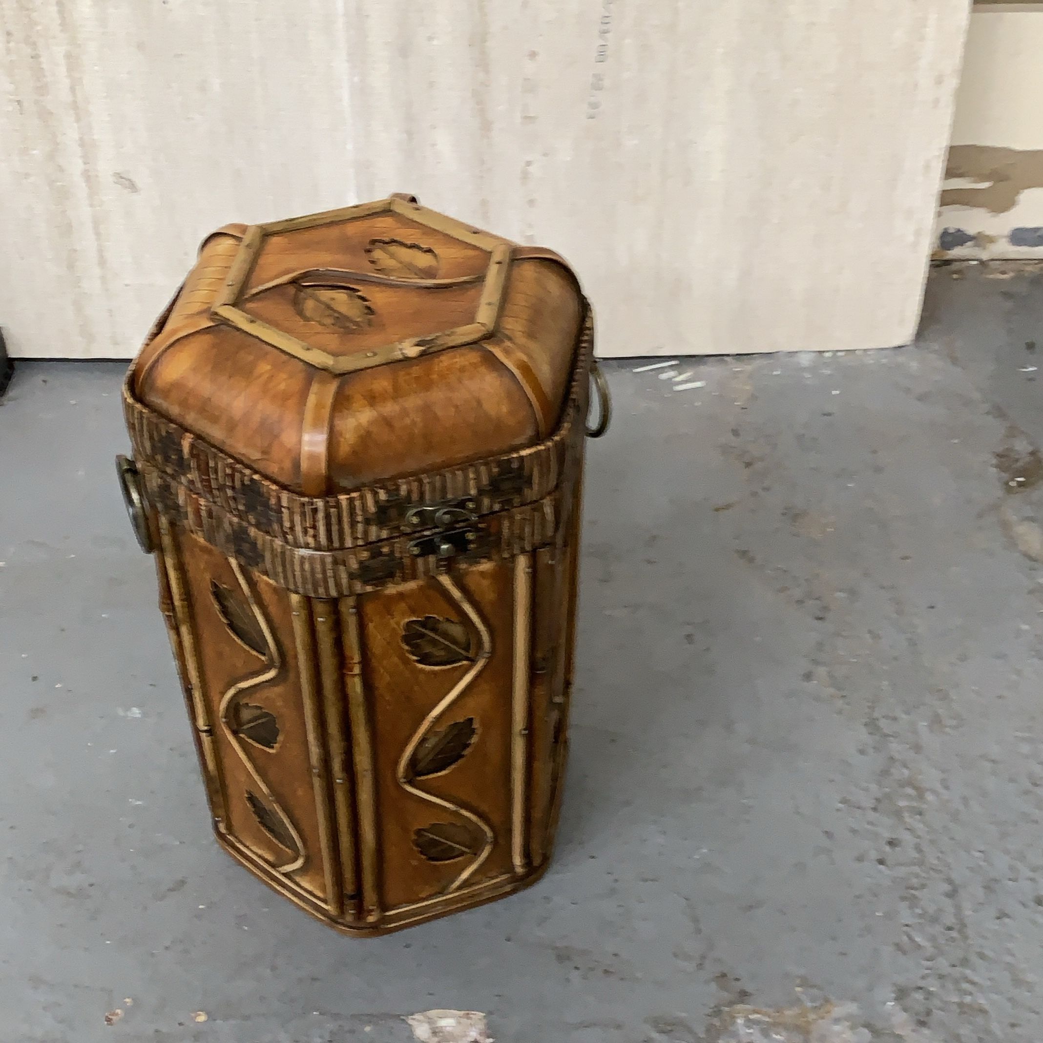 Vintage Hexagonal Brown Leather Storage Ottoman