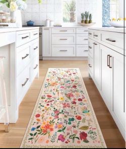 Boho Washable Area Rug 2x6 Beige Floral