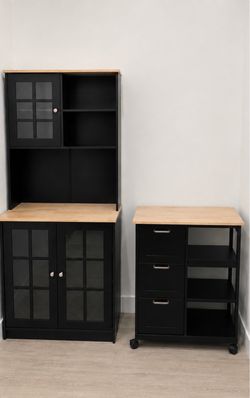 Black Kitchen Cabinet and Rolling Cart Set