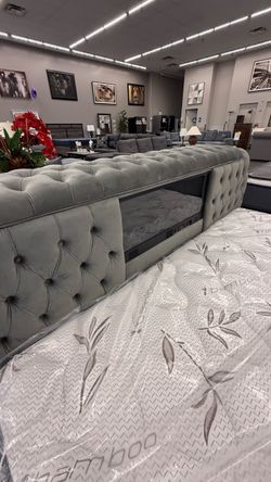 KING BED FRAME WITH TV STAND AND FIREPLACE