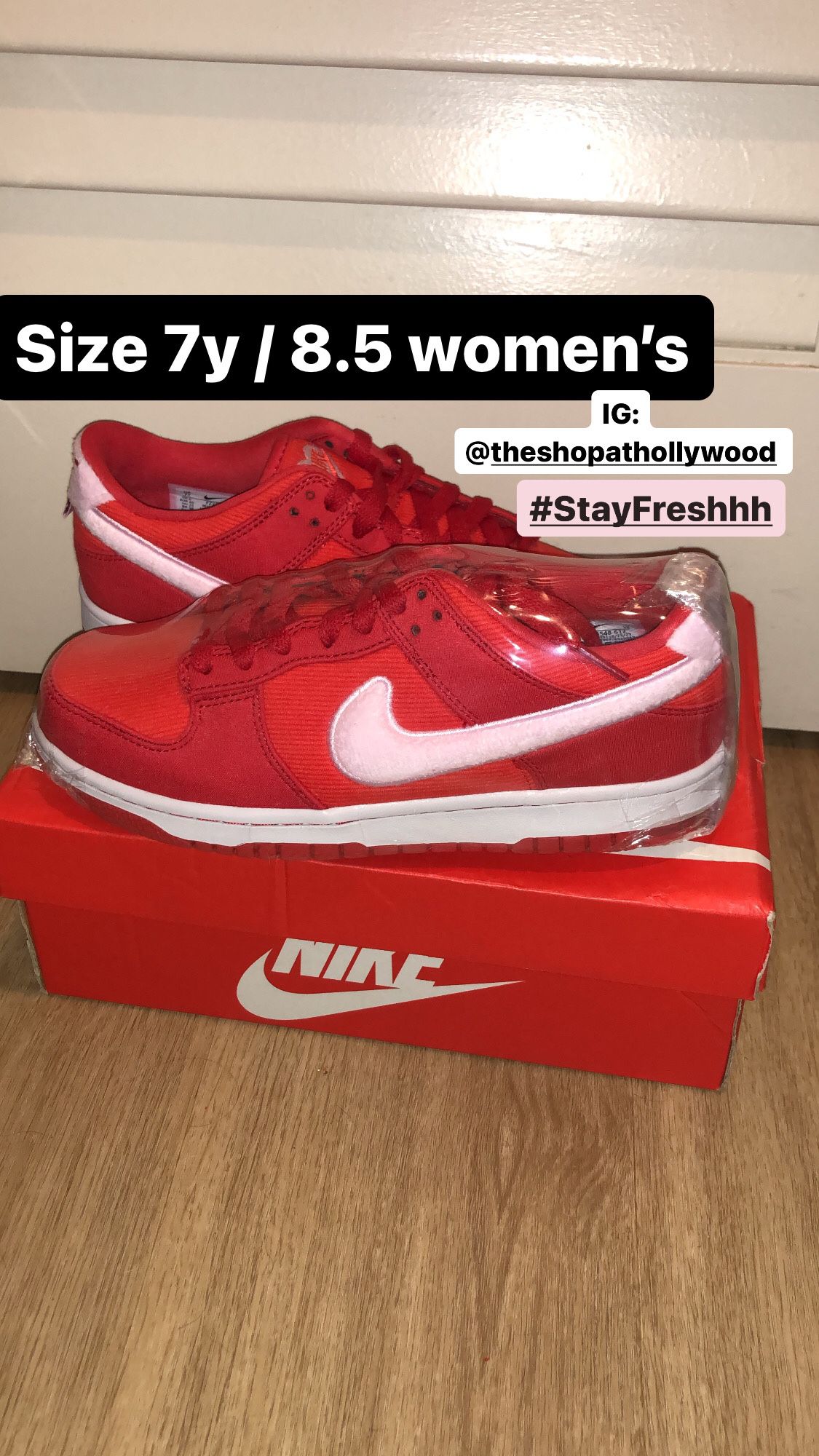 Size 7y / 8.5 Women’s Nike Dunk Low “First valentines “