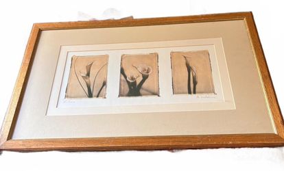 30 x 18” Signed Calla Lily Triptych Framed Botanical Print Wood Frame