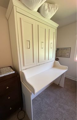 White Murphy Bed with Fold-Down Desk