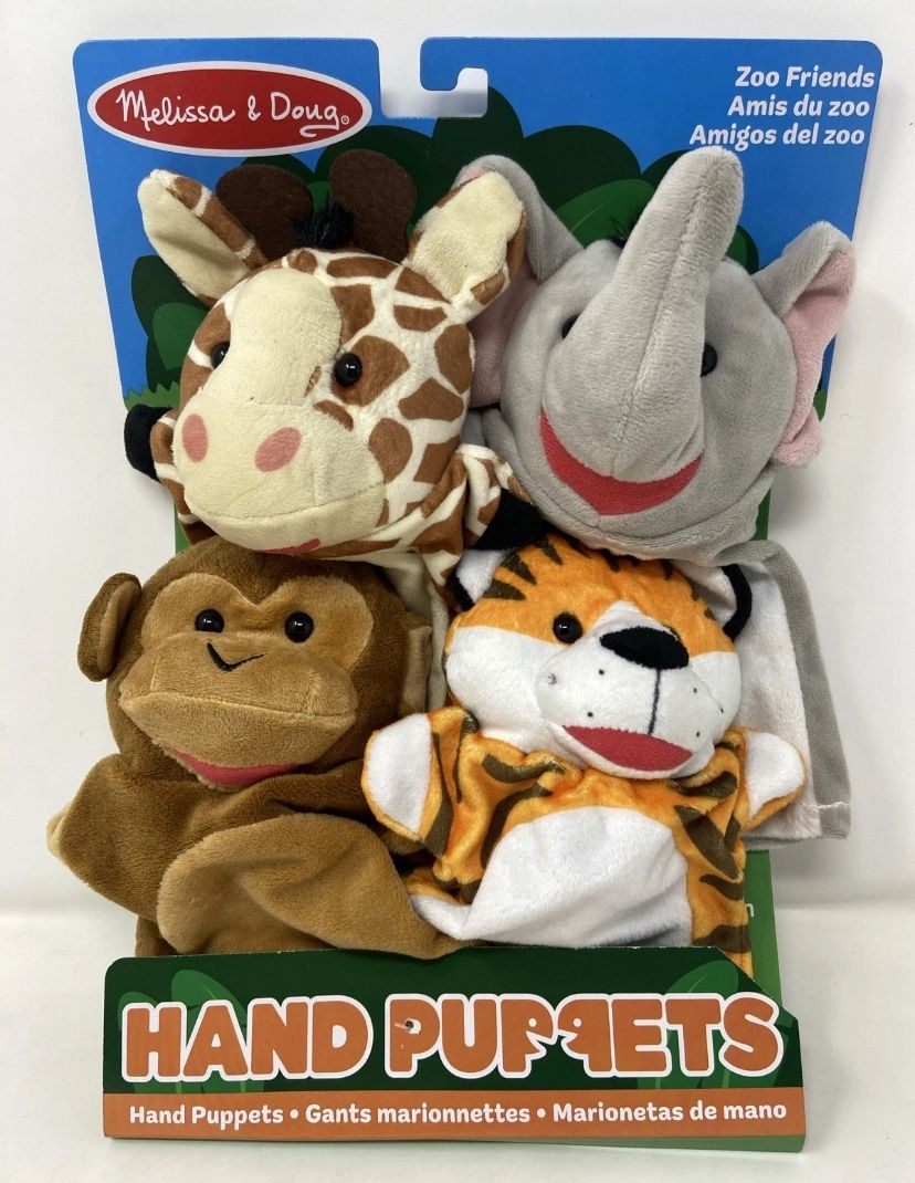 Melissa And Doug Zoo Friends Hand Puppets Elephant Giraffe Monkey Tiger New