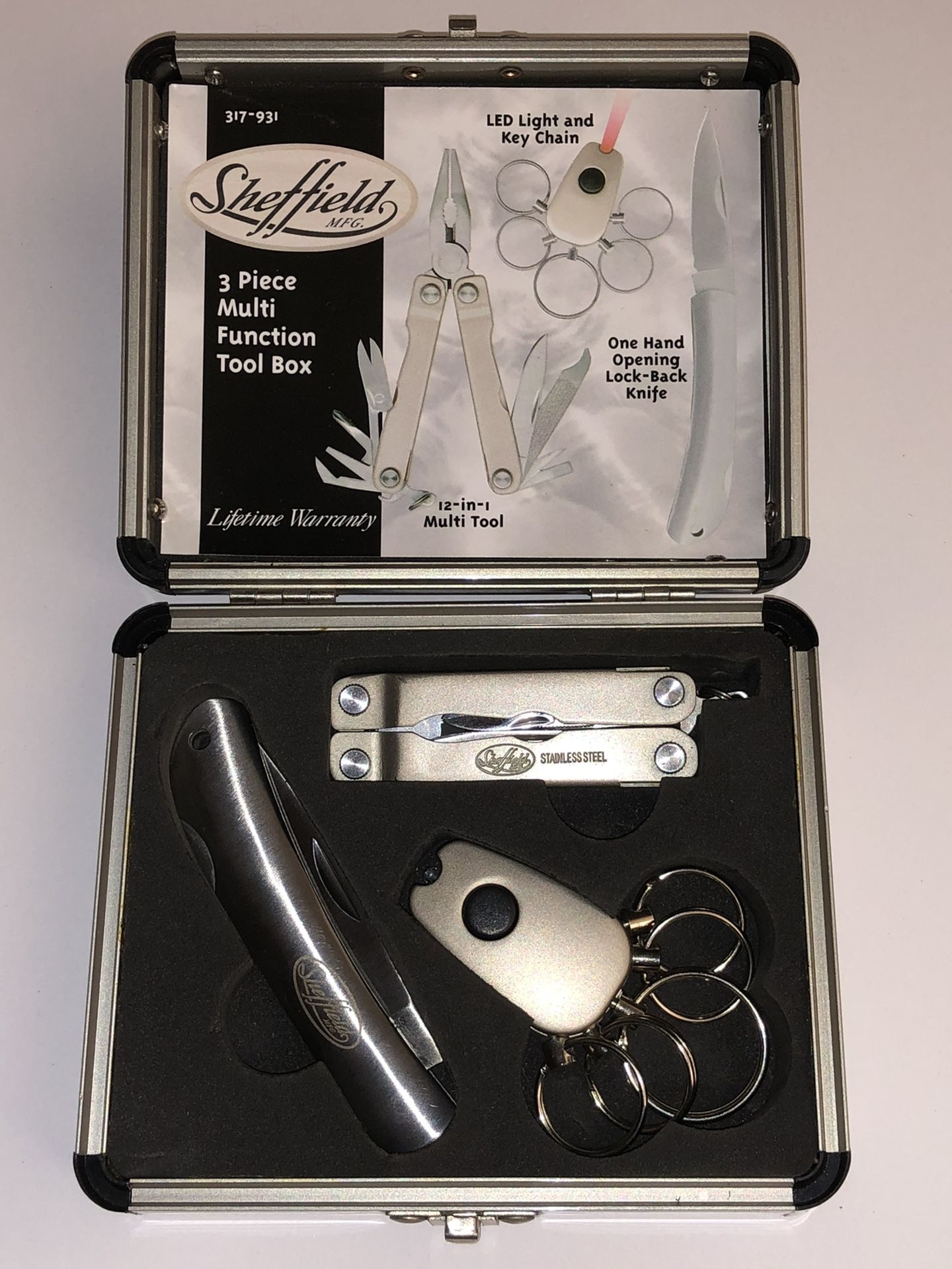 NEW Sheffield Multi-Tool + Lock-Back Knife Set in Box Scissors LED Light Keychain Pliers Stainless Steel MultiTool -Like Micra Leatherman