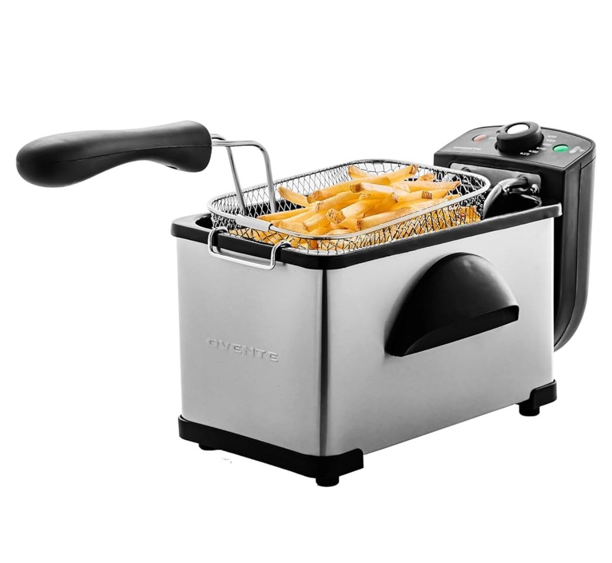 OVENTE Electric Deep Fryer 2 Liter Capacity, 1500 Watt Lid with Viewing Window and Odor Filter, Adjustable Temperature, Removable Frying Basket and Ea