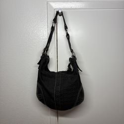 Coach F15221 Black Signature Jacquard Leather Trim Shoulder Hobo Bag