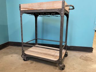 Industrial Style Rolling Bar Cart with Wine Glass Rack