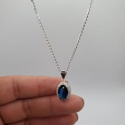 Silver Oval Blue Stone Necklace 18"