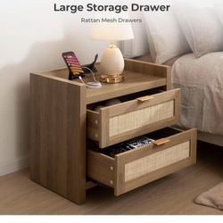 SICOTAS Night Stand Set of 2 - Rattan Nightstands with Type-C Charging Station, 2 Rattan Drawers - Boho Bed Side Tables End Table for Small Space - Na