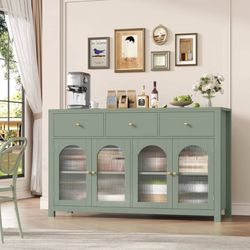 55''Wide Buffet Credenzas, Large Dining Sideboard with 3 Drawers, 4 Glass Doors,