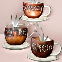 3D Espresso/Coffee/Cappuccino Coffee Cups Lot (3) Tin Wall Art Decor.