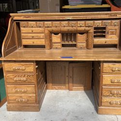 Classic Solid Oak Roll Top Desk + Chair