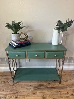 Wrought Iron Accent Table W/ Drawers - Sage Green and Gold