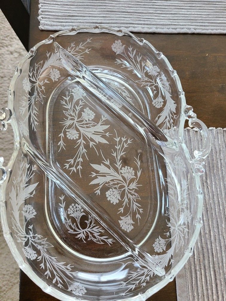 Vintage Clear Etched Glass Devided Relixh Dish