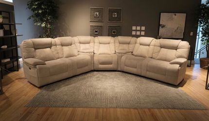 All power electric light taupe fabric fully reclining sectional couch