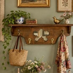 Vintage Wooden Wall Hanging Shelf With 4 Brass Hooks and Mirror 24" Wood Carved Mirror Display Collectibles 