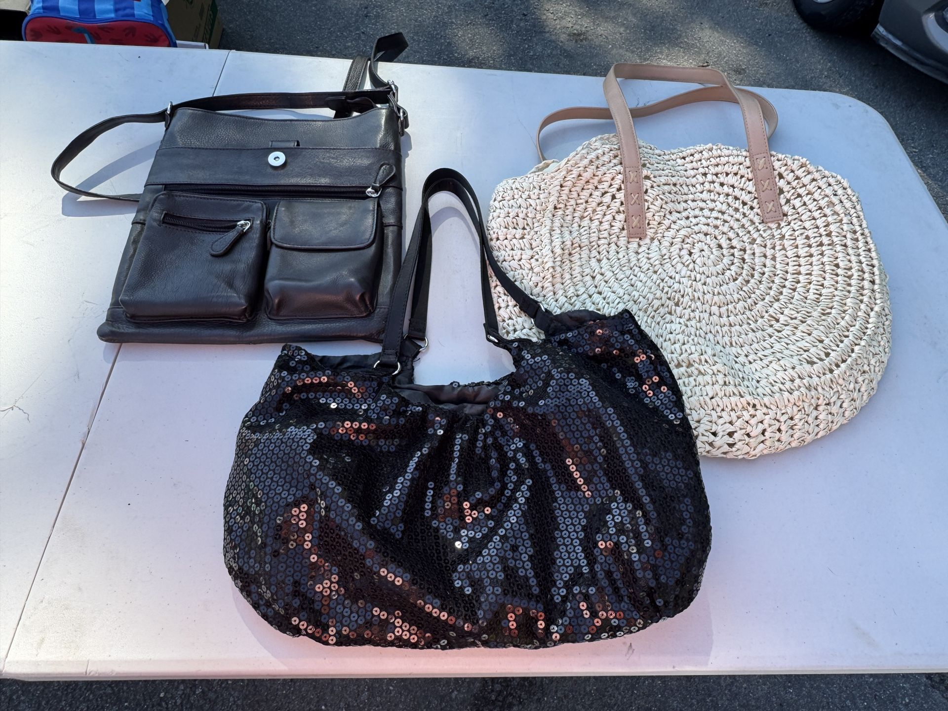 3Like New WOMENS Handbags-black Crossbody, Black Sequin Tote & Straw Tote All Have Pockets