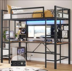 Metal Loft Bed with Desk and Shelves