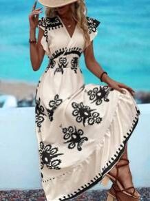 Cream With Black Print Dress - XL