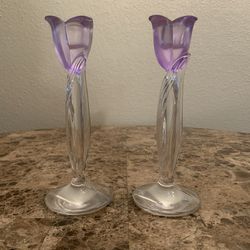 2 Vintage MIKASA 8” LEAD CRYSTAL Spring Aria" Purple Tulip Candle Holders  (New)