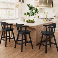 Black Classic Windsor 37.4 in. Swivel Barstool Solid Wood Counter Height Stool with Thicked Spindle Back Set of 3