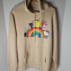 HELLO KITTY AND FRIENDS MULTICOLOR GRAPHIC TAN PULLOVER SWEATSHIRT HOODIE L NWT