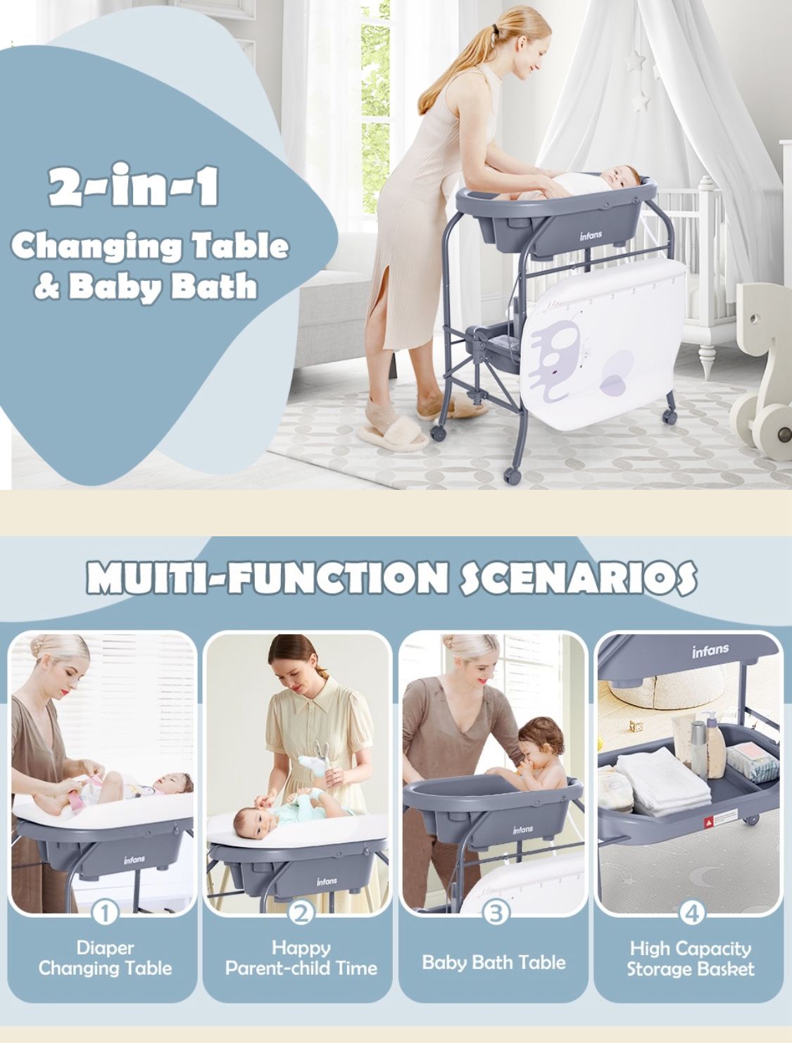 ☀️Baby Changing Table, Bath Tub Unit, Folding Diaper Dresser Station with Wheels